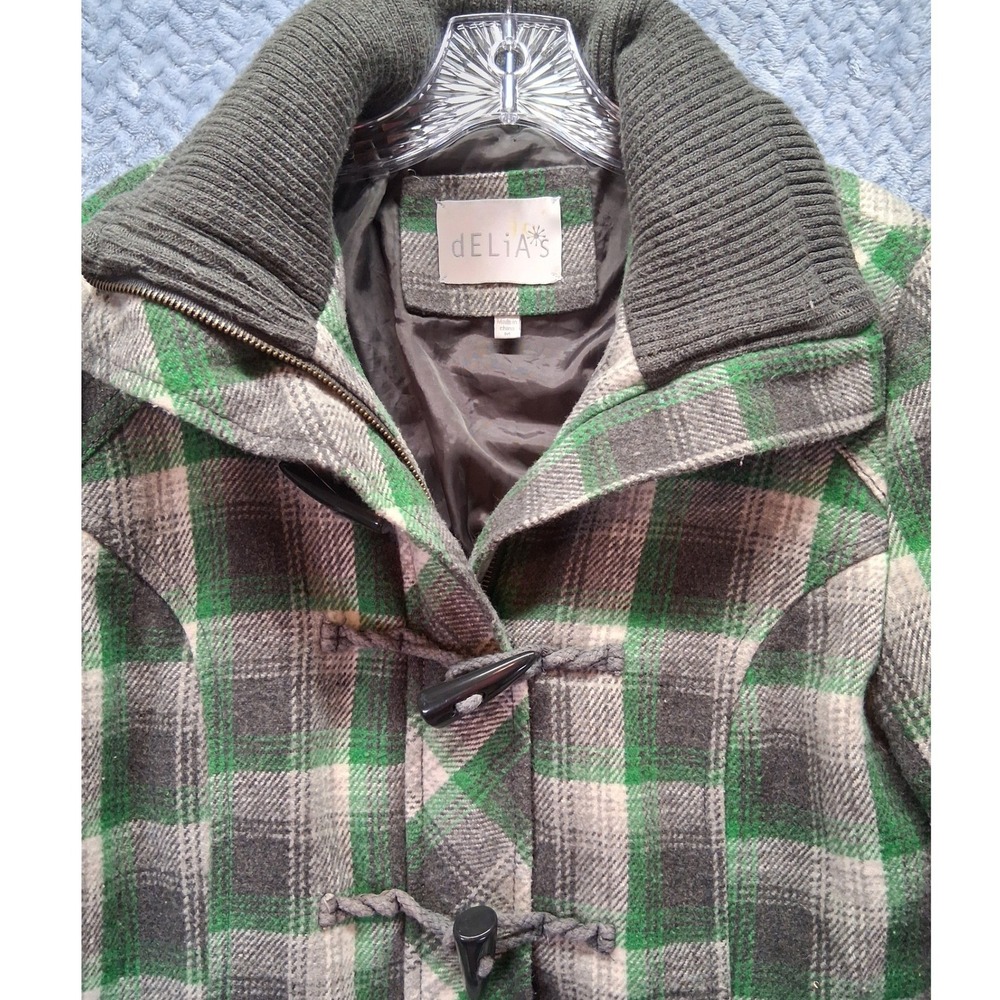 dELiA*s Green Plaid Wool Blend Toggle Coat Funnel Neck Jacket Womens Medium